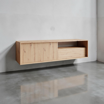 TV-Kast met 2 Klepdeuren en Open Vak – Zwevend Design in Natuurlijk Beuken