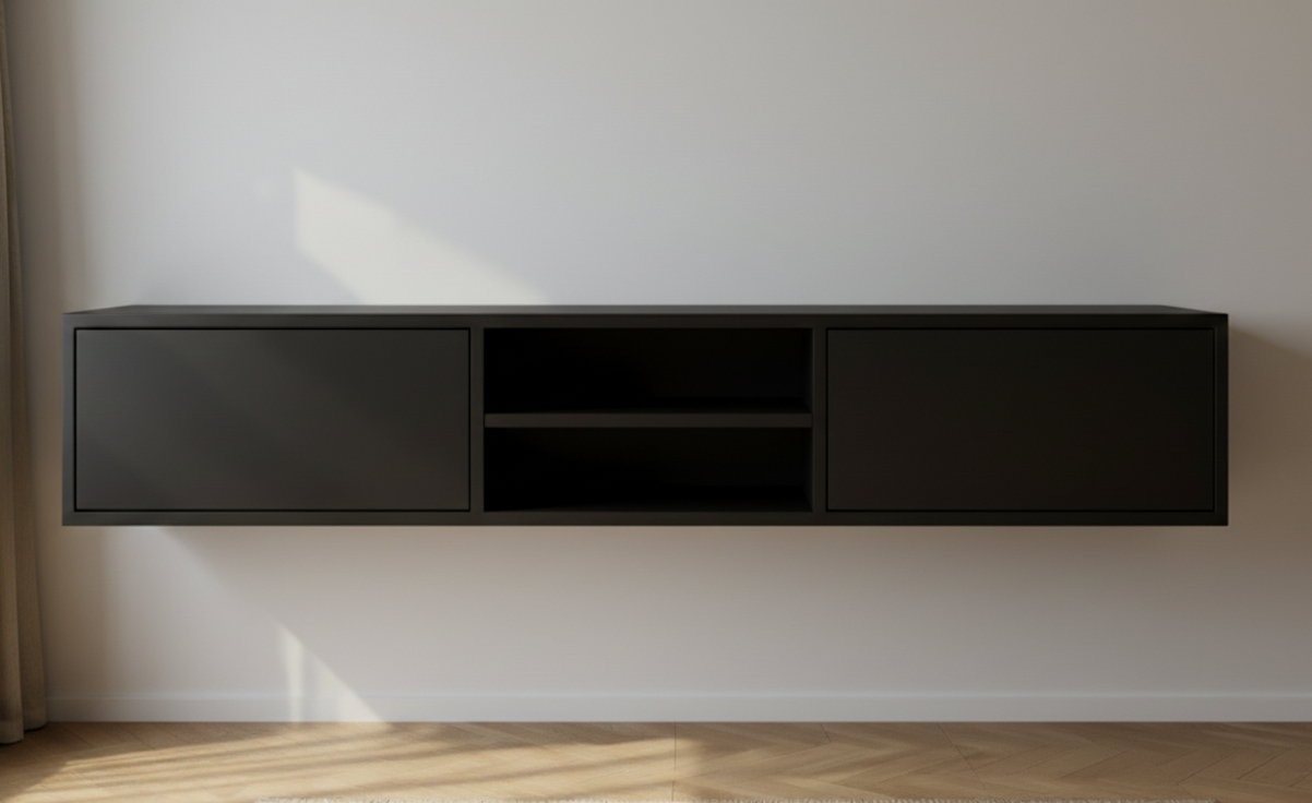 Zwevende TV Meubel - Beukenhout - Push-to-open - 2 klepdeuren - midden vak- Beige | Zwart | Wit | Donkerbruin