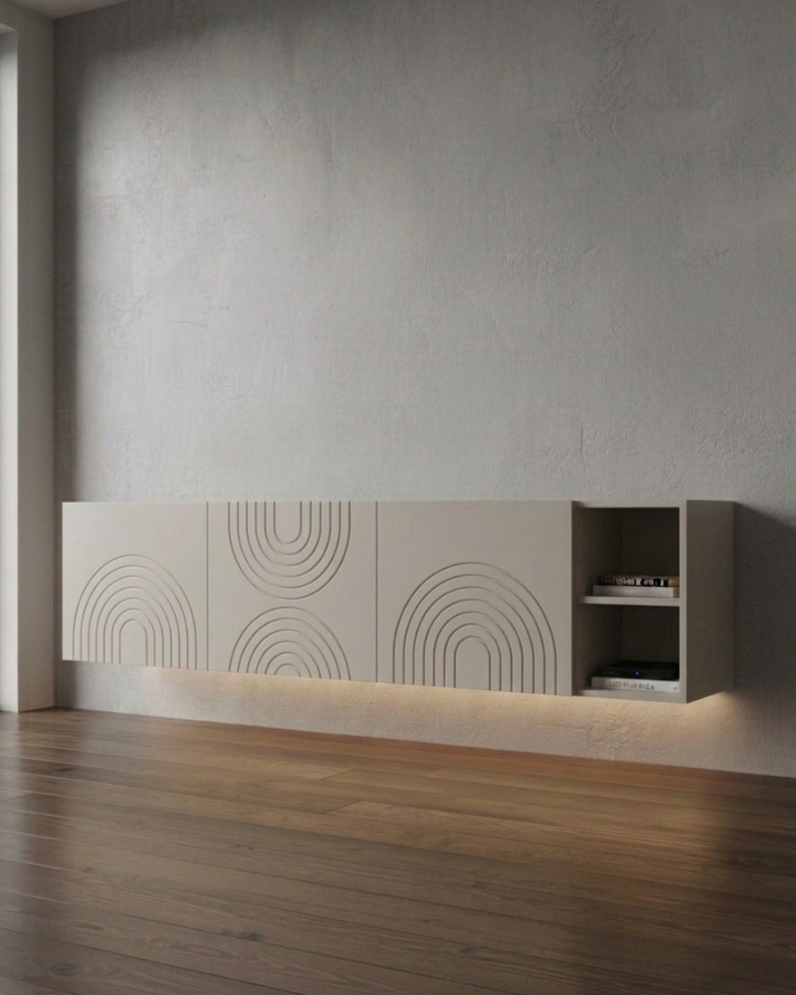 Zwevende TV Meubel - Japandi patroon - Push-to-open - 3 klepdeuren - Beige | Zwart | Wit |