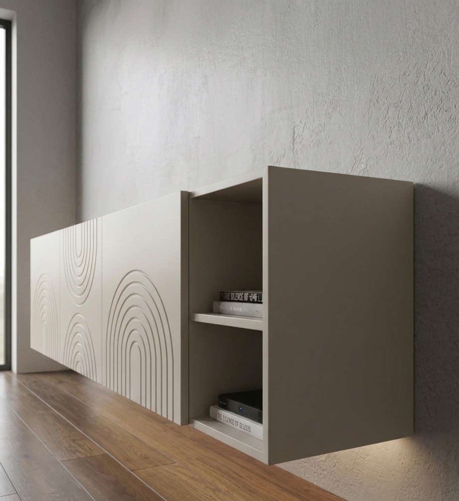 Zwevende TV Meubel - Japandi patroon - Push-to-open - 3 klepdeuren - Beige | Zwart | Wit |