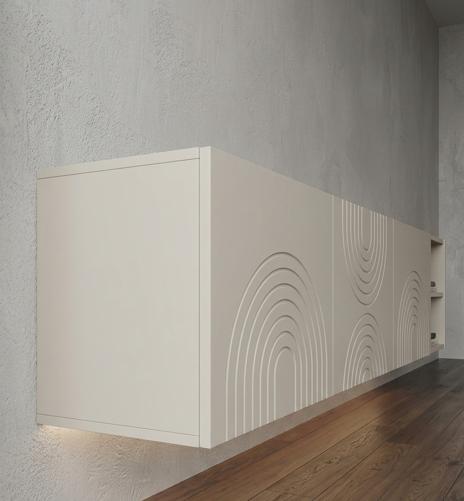 Zwevende TV Meubel - Japandi patroon - Push-to-open - 3 klepdeuren - Beige | Zwart | Wit |