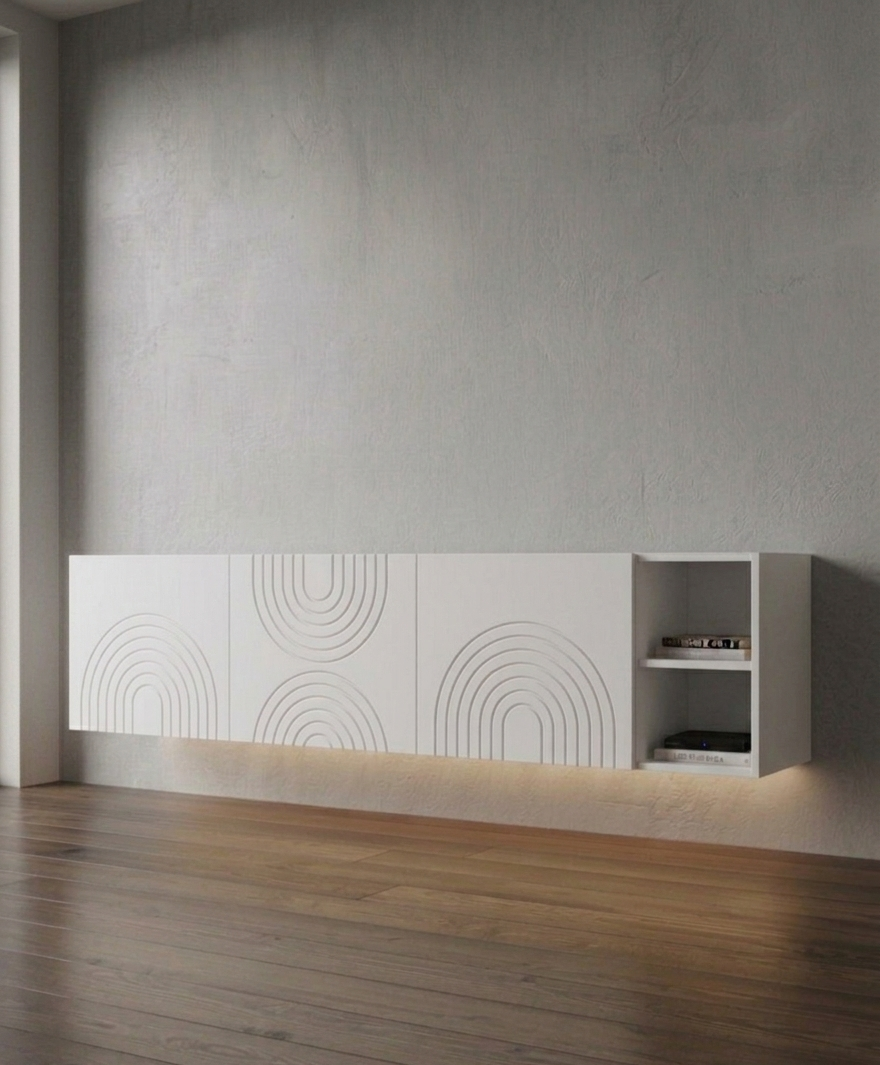 Zwevende TV Meubel - Japandi patroon - Push-to-open - 3 klepdeuren - Beige | Zwart | Wit |