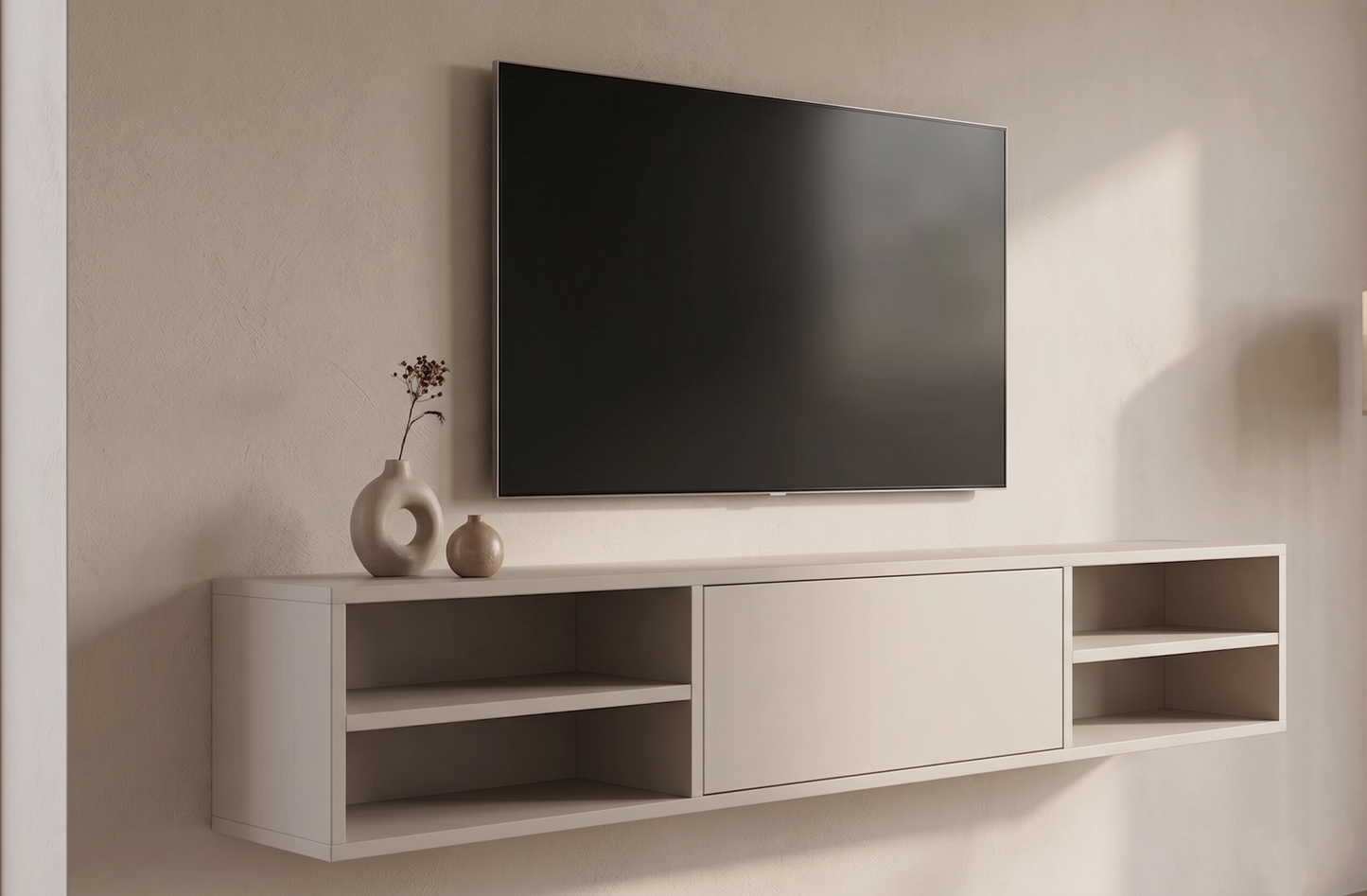 Zwevende TV Meubel - Beukenhout - Push-to-open - 1 klepdeur - midden vak- Beige | Zwart | Wit | Donkerbruin
