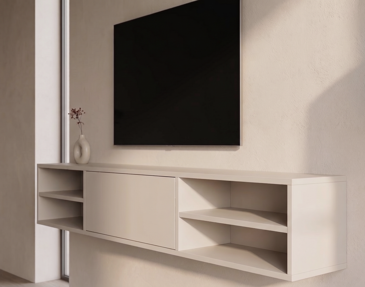 Zwevende TV Meubel - Beukenhout - Push-to-open - 1 klepdeur - midden vak- Beige | Zwart | Wit | Donkerbruin