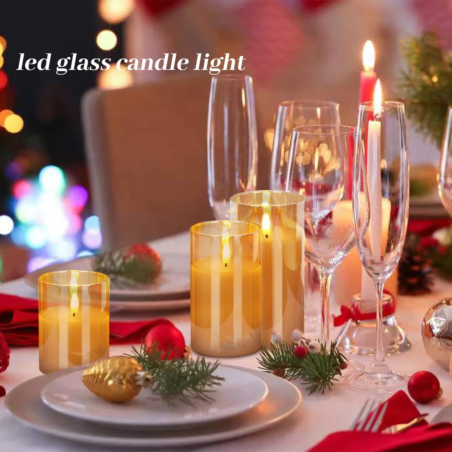 Gouden vlamloze kaarsen van glas, 3D-lont, echte waskaars, led-kaarsen, flikkerend met afstandsbediening, werkt op batterijen, voor decoratie, woonkamer, slaapkamer, badkamer, kerstdecoratie,