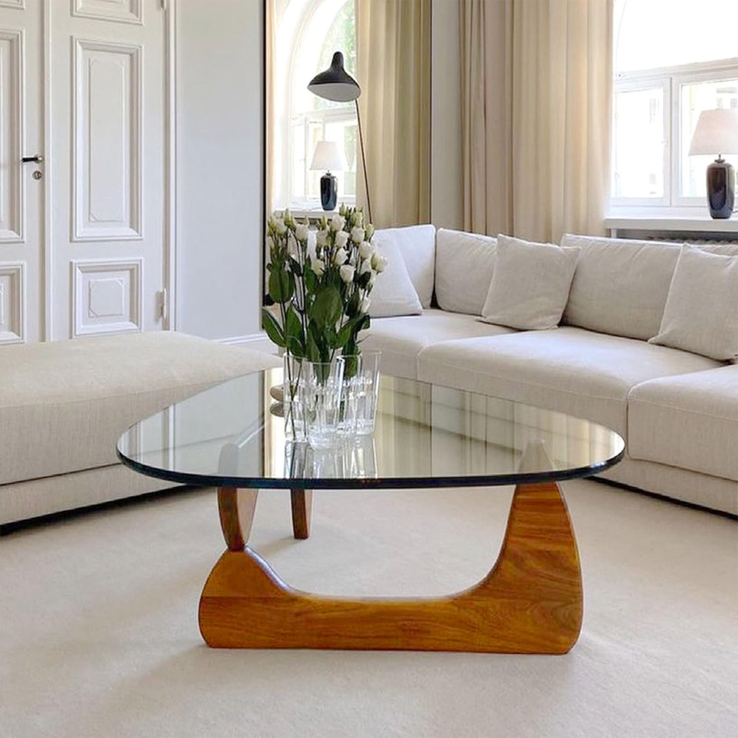 PRITIY Salontafel, woonkamertafel, tafelblad van glas, koffietafel, salontafel, hout, moderne koffietafel, theetafel, hout voor thuis, woonkamer, terras, tuin, walnoot + transparant, 91 × 65 × 40 cm