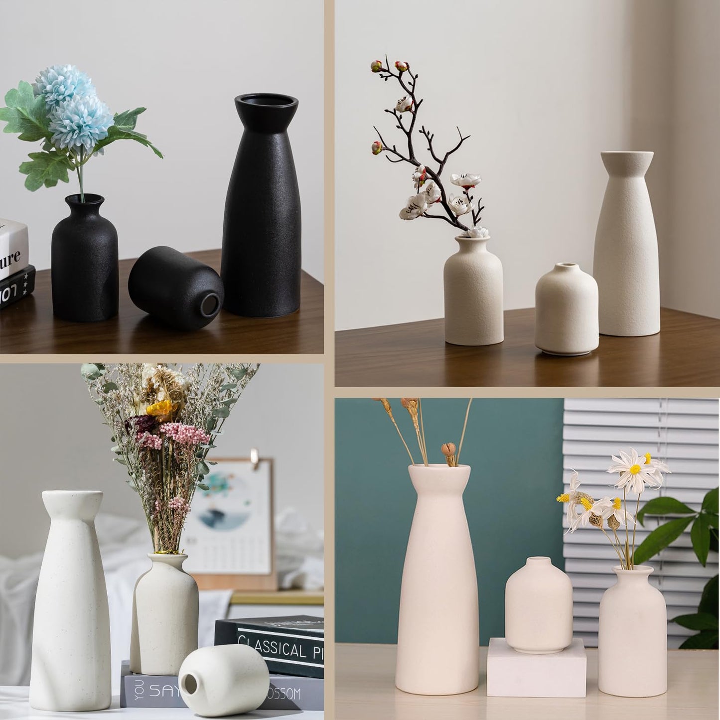 Lighterday Set van 3 boho-vazen, keramische vazen, moderne vazen, decoratie, zwarte vaas, bloemenvaas, kleine vazen voor pampasgras, bloem, voor woonkamer, tafel, vensterbank, decoratie(Beige-B)