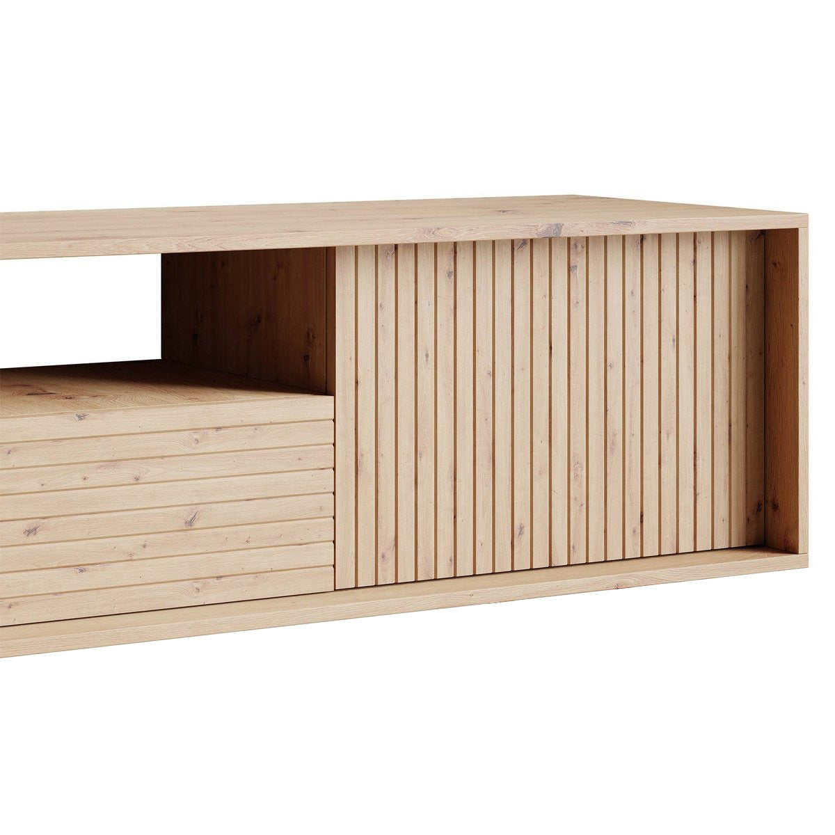 TV-Kast met 2 Klepdeuren en Open Vak – Zwevend Design in Natuurlijk Beuken