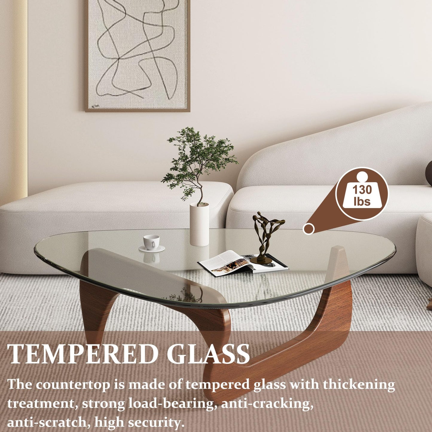 PRITIY Salontafel, woonkamertafel, tafelblad van glas, koffietafel, salontafel, hout, moderne koffietafel, theetafel, hout voor thuis, woonkamer, terras, tuin, walnoot + transparant, 91 × 65 × 40 cm