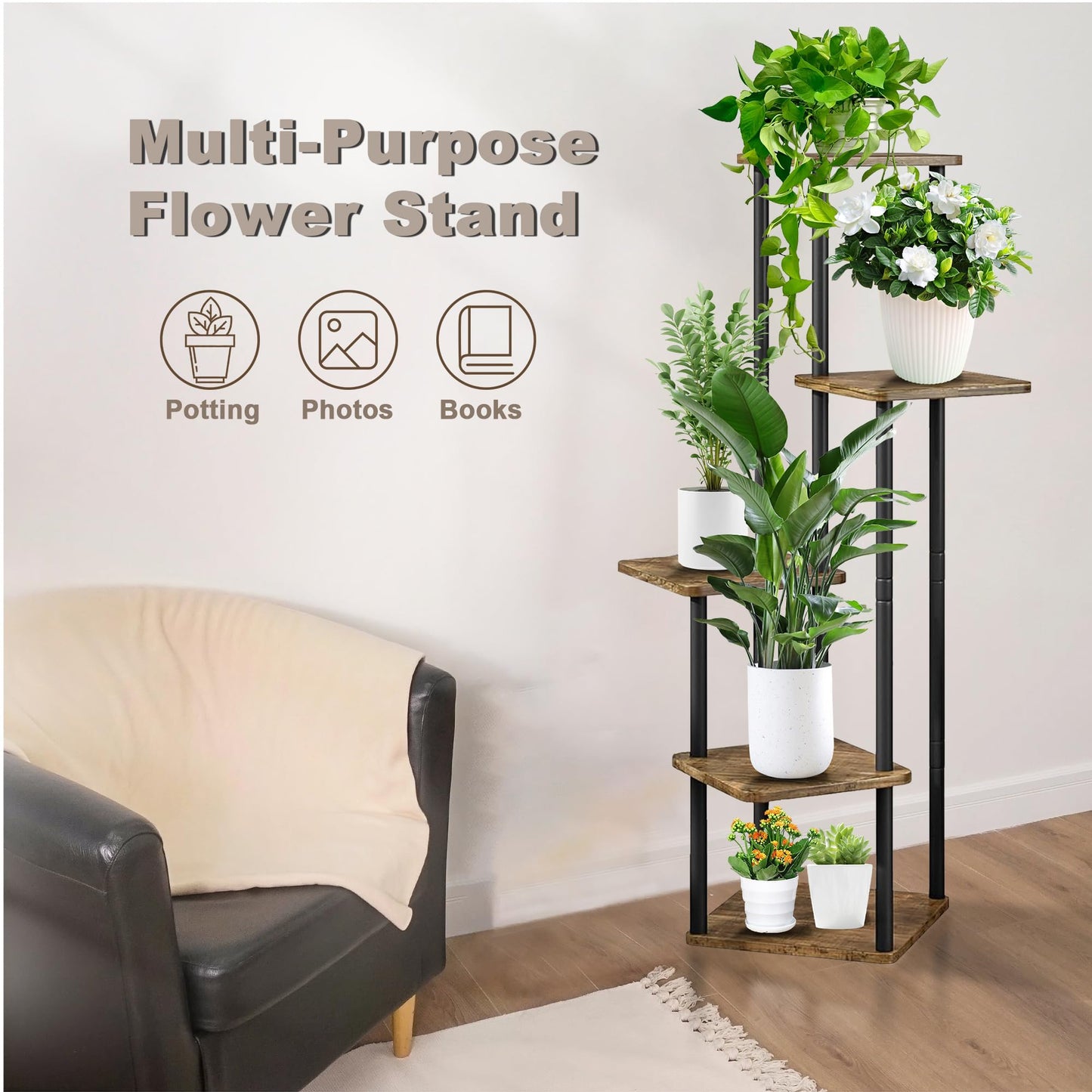 Jazlyvex Plantenstandaard, 5 etages, bloemenstandaard, hout, metaal, plantenrek, bloementrap, plantentrap voor woonkamer, indoor, outdoor, decoratie, zwart