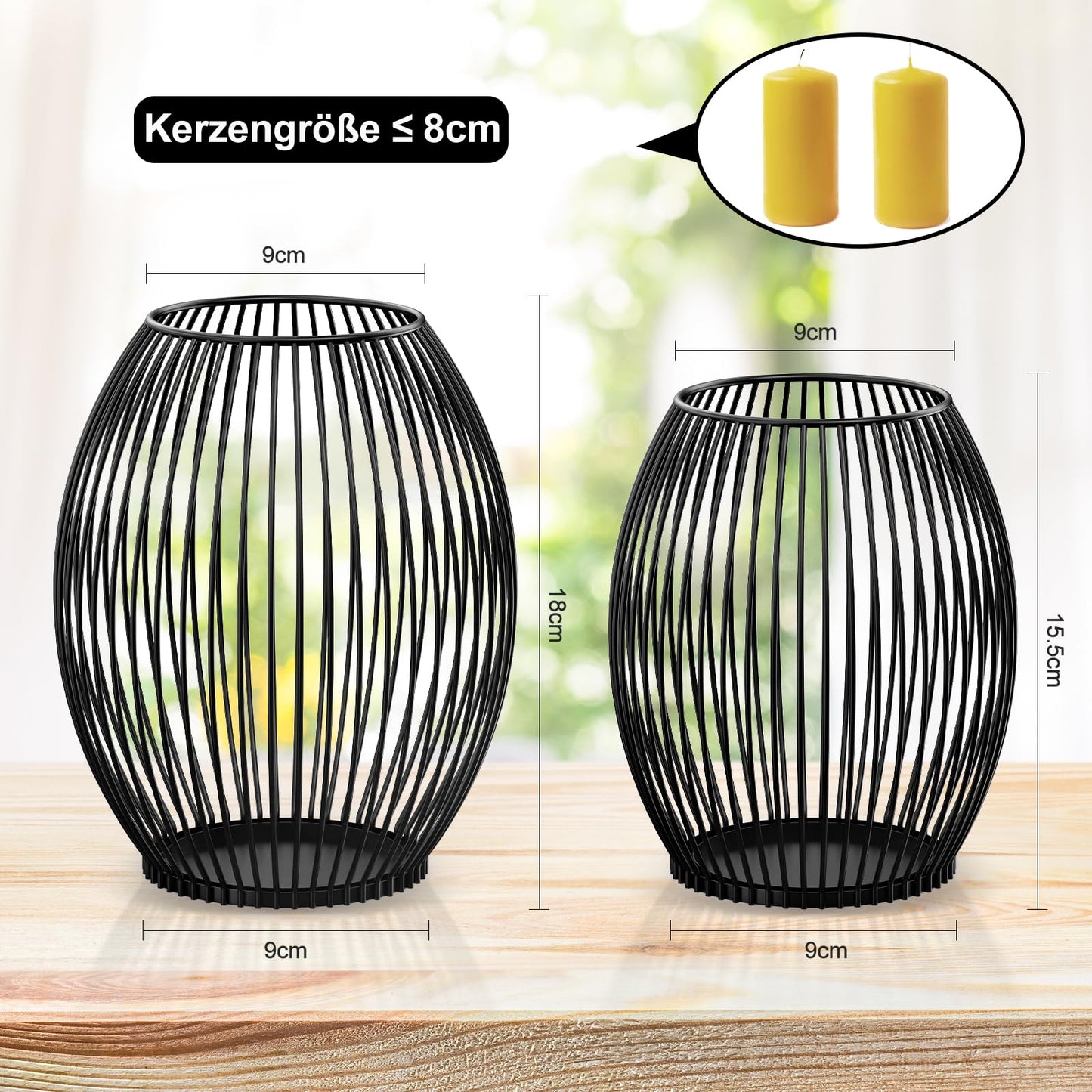 GoMaihe kandelaar set van 2, metalen open en gesloten lantaarn kandelaars, vintage tafeldecoratie kandelaars voor stompkaarsen Kerstmis woonkamer slaapkamer badkamer decoratie, zwart