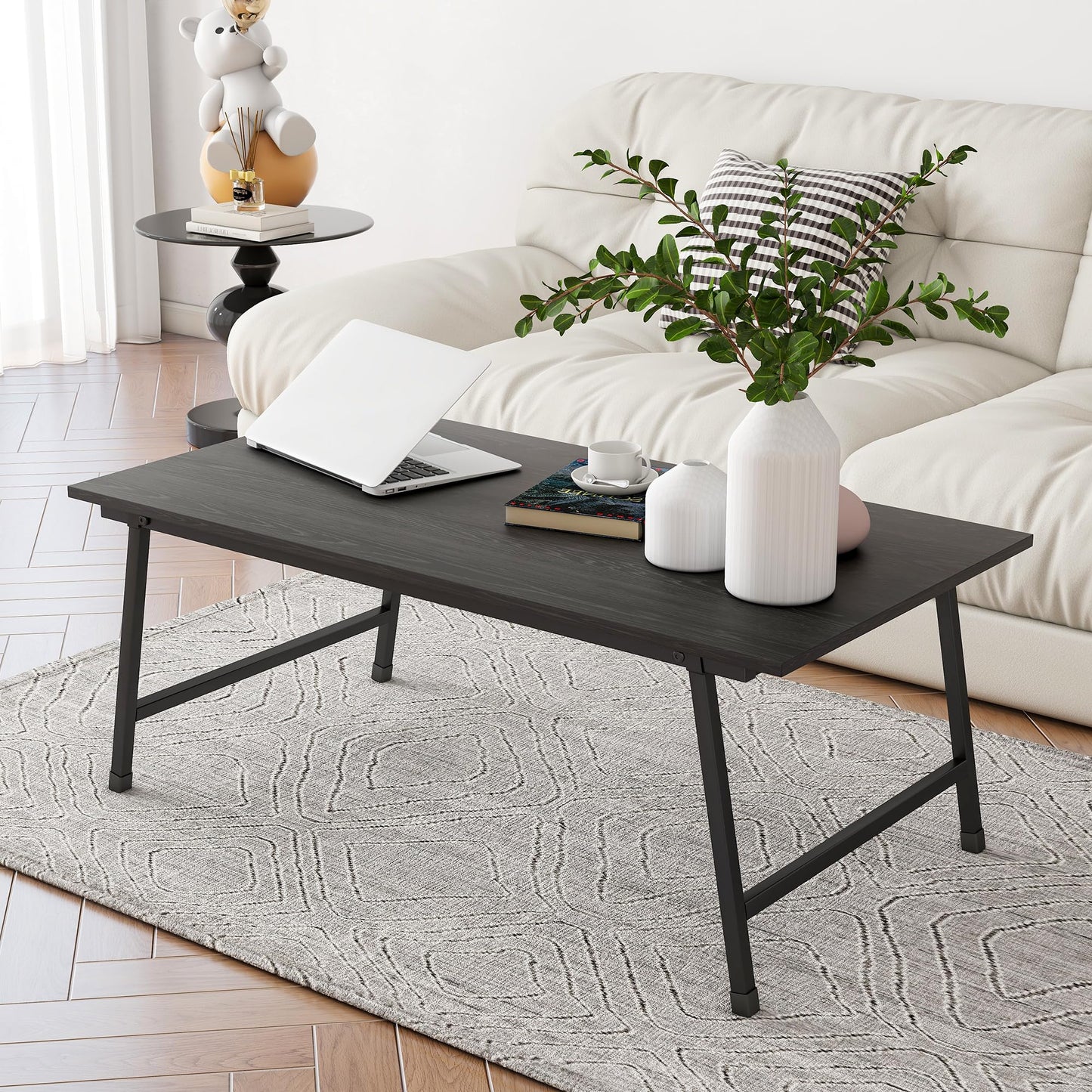 FOUBAM Draagbare salontafel, rechthoekig, stabiele vloertafel, inklapbare lage salontafel, woonkamertafel, koffietafel, banktafel voor woonkamer, bijzettafel, eenvoudige montage, metaal, zwart