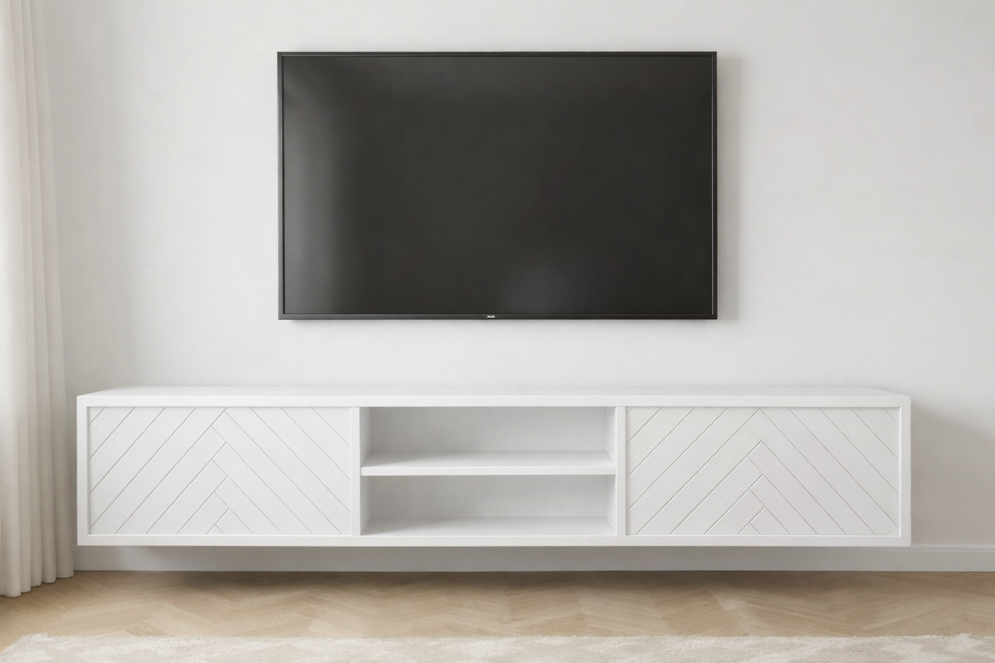 Zwevende TV Meubel - Visgraat patroon - Push-to-open - 2 klepdeuren - Beige | Zwart | Wit