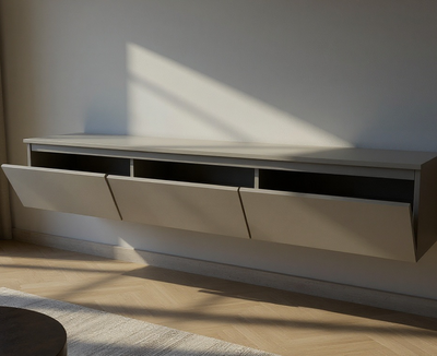 Zwevende TV Meubel - Beukenhout - 3 klepdeuren - Beige | Zwart | Wit