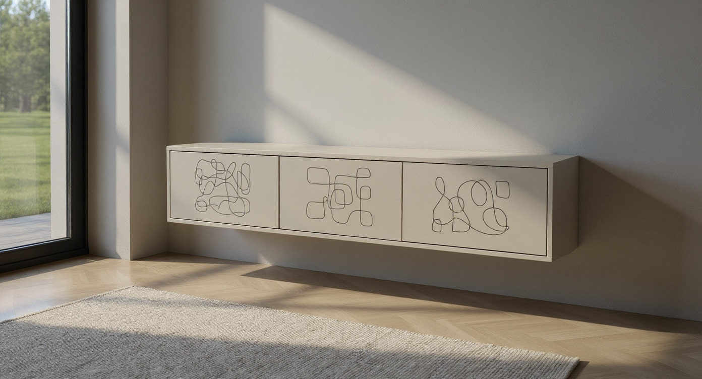 Art Line TV Meubel - Beukenhout -kubistisch - Push-to-open - 3 klepdeuren - Beige | Wit