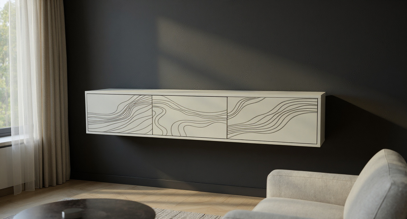 Art Line TV Meubel - Beukenhout - Abstract - Push-to-open - 3 klepdeuren - Beige | Wit