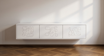 Art Line TV Meubel - Beukenhout -kubistisch - Puch-to-open - 3 klepdeuren - Beige | Wit