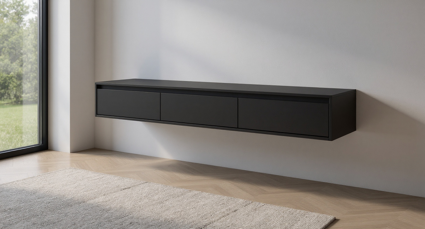 Zwevende TV Meubel - Beukenhout - 3 klepdeuren - Beige | Zwart | Wit