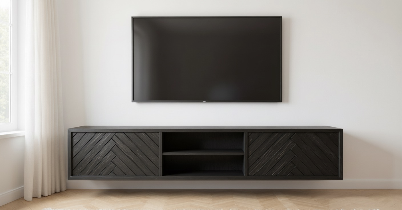 Zwevende TV Meubel - Visgraat patroon - Push-to-open - 2 klepdeuren - Beige | Zwart | Wit