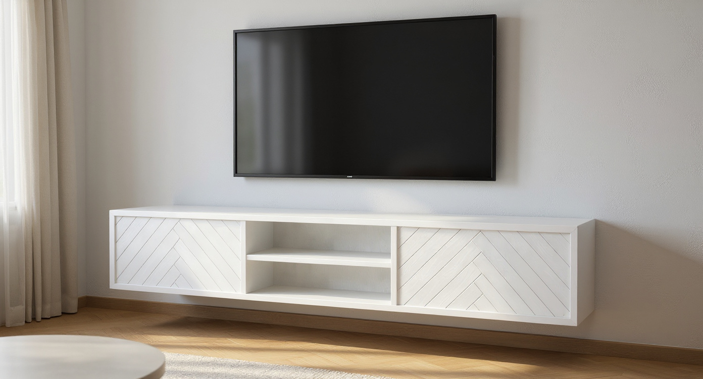 Zwevende TV Meubel - Visgraat patroon - Push-to-open - 2 klepdeuren - Beige | Zwart | Wit