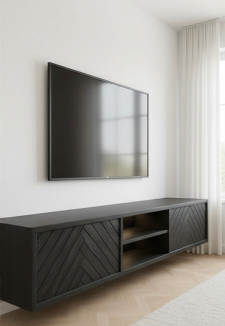 Zwevende TV Meubel - Visgraat patroon - Push-to-open - 2 klepdeuren - Beige | Zwart | Wit