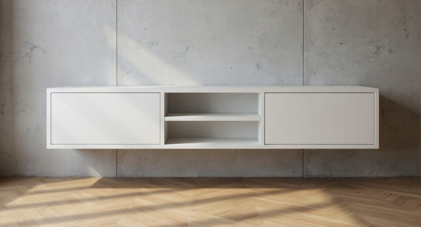 Zwevende TV Meubel - Beukenhout - Push-to-open - 2 klepdeuren - midden vak- Beige | Zwart | Wit | Donkerbruin