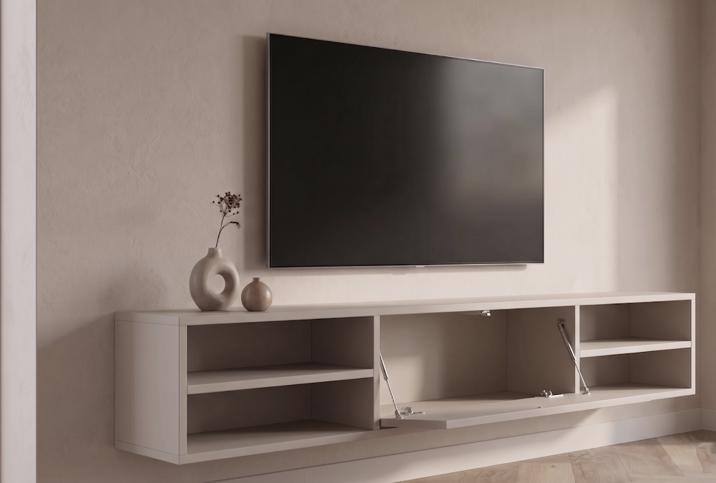 Zwevende TV Meubel - Beukenhout - Push-to-open - 1 klepdeur - midden vak- Beige | Zwart | Wit | Donkerbruin