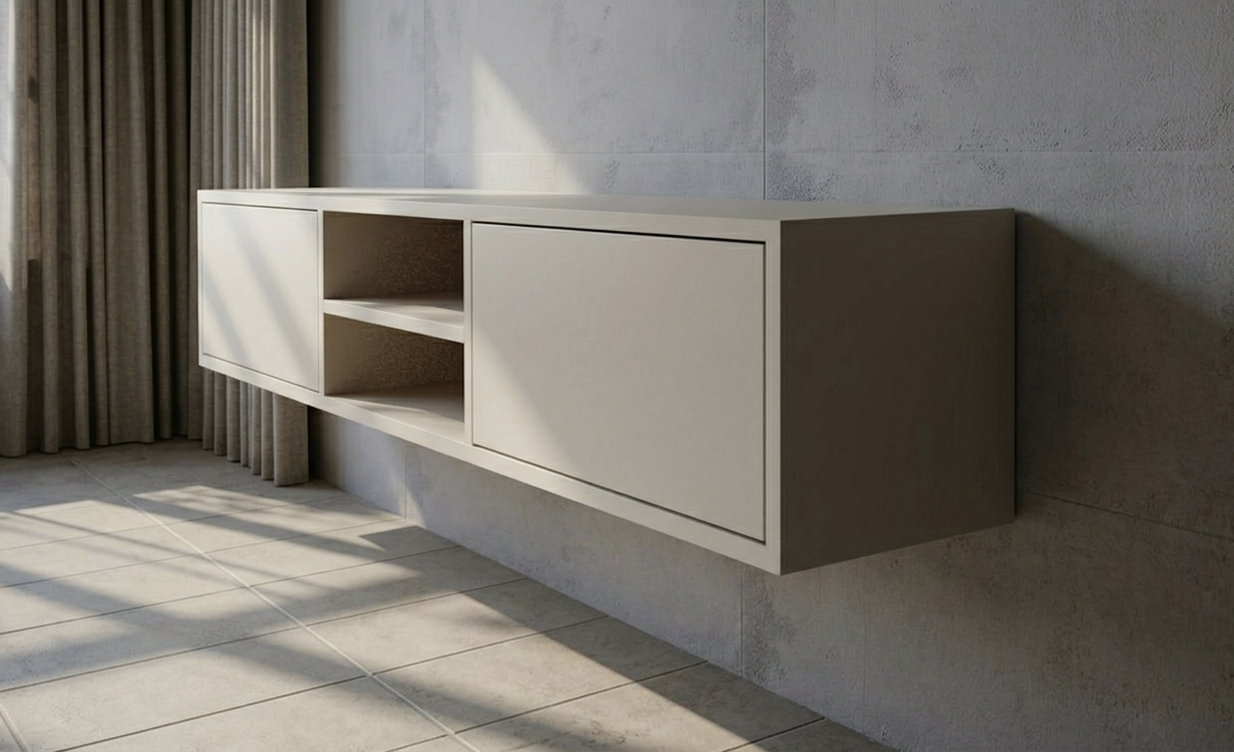 Zwevende TV Meubel - Beukenhout - Push-to-open - 2 klepdeuren - midden vak- Beige | Zwart | Wit | Donkerbruin