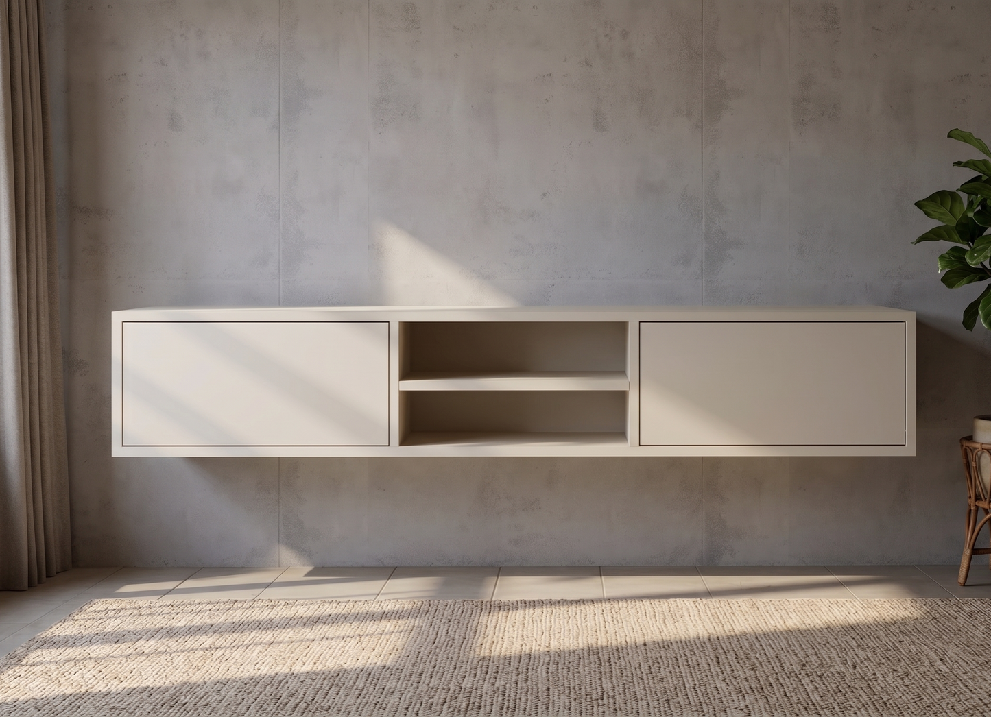 Zwevende TV Meubel - Beukenhout - Push-to-open - 2 klepdeuren - midden vak- Beige | Zwart | Wit | Donkerbruin